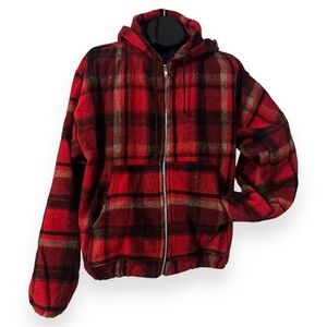Vintage Earth Ragz Plaid Hoodie Jacket Red Black Zip Front Large Pockets Unisex